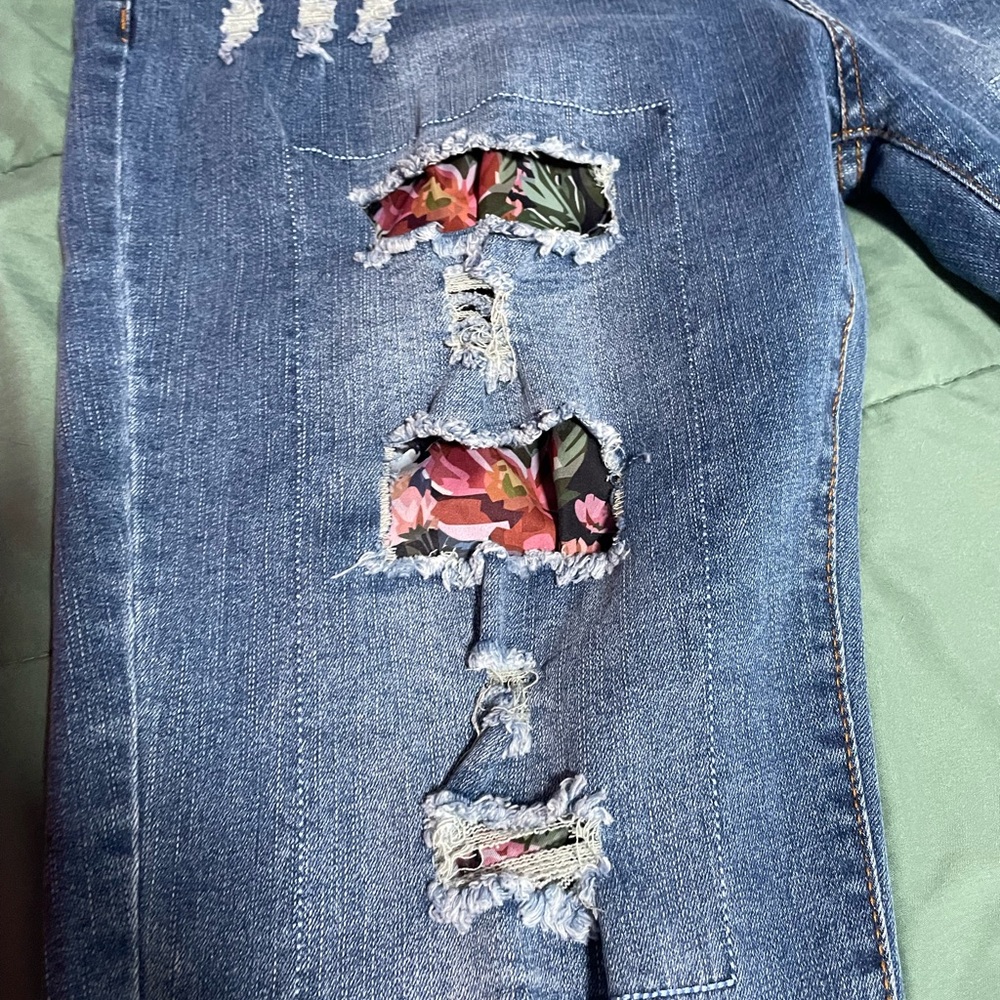 Floral Patch Distressed Blue Jeans